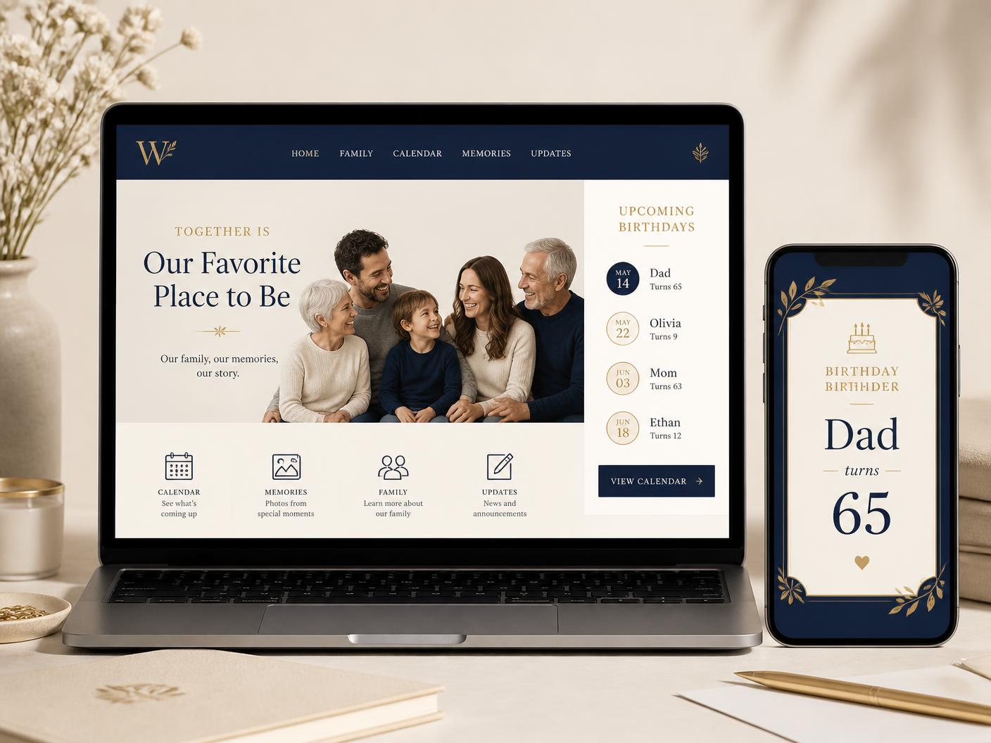 A laptop showing a family website home page with an upcoming birthdays list beside a phone showing a card that reads Dad turns 65